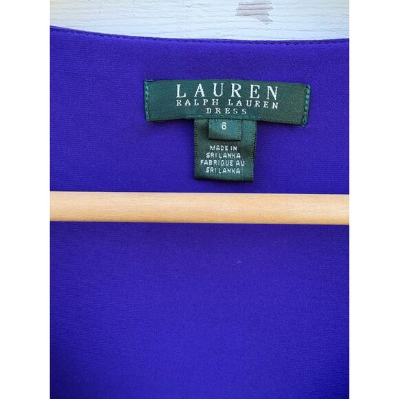 Lauren Ralph Lauren Dress Sz 6 Purple Faux Wrap Ruched Waist Midi Royal V-neck - Picture 3 of 4
